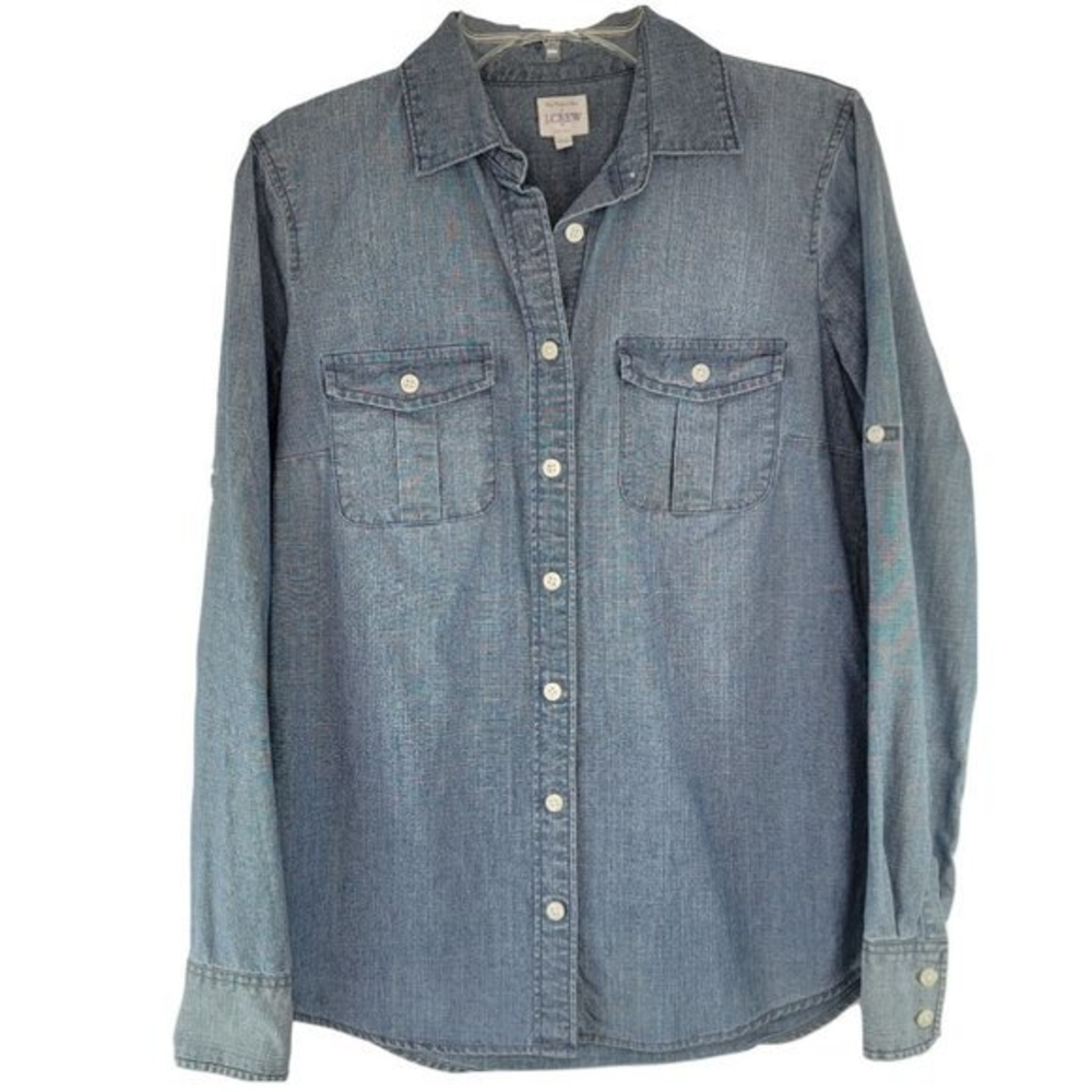 J Crew Size XXS Perfect Fit Blue Denim Button Up Long Sleeve Roll Tab Jean Shirt